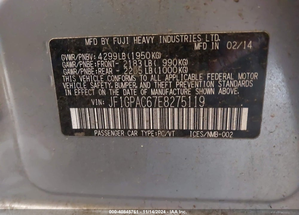 2014 SUBARU IMPREZA 2.0I PREMIUM VIN: JF1GPAC67E8275119