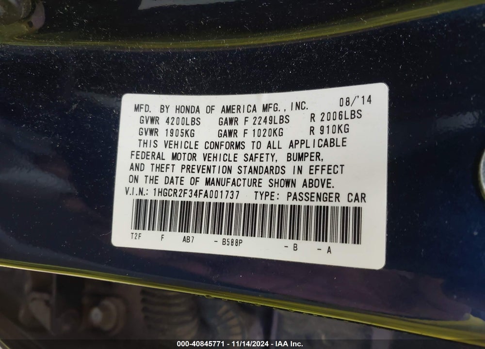 2015 HONDA ACCORD VIN: 1HGCR2F34FA001737