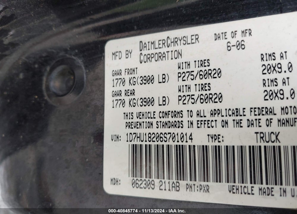 2006 DODGE RAM 1500 SLT/TRX4 OFF ROAD/SPORT VIN: 1D7HU18206S701014