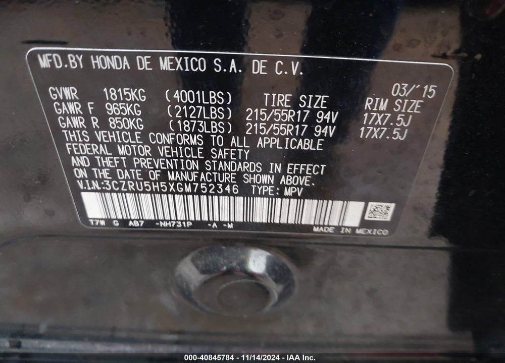 2016 HONDA HR-V EX VIN: 3CZRU5H5XGM752346