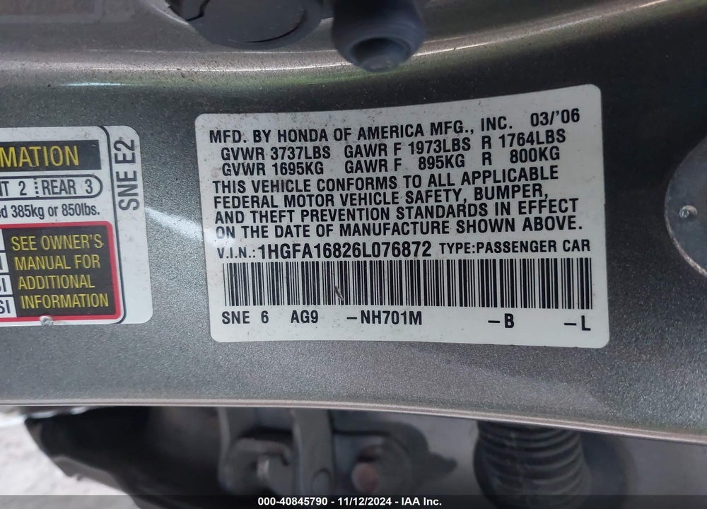2006 HONDA CIVIC EX VIN: 1HGFA16826L076872