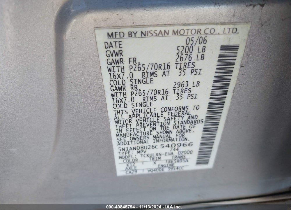2006 NISSAN XTERRA S VIN: 5N1AN08U26C540966