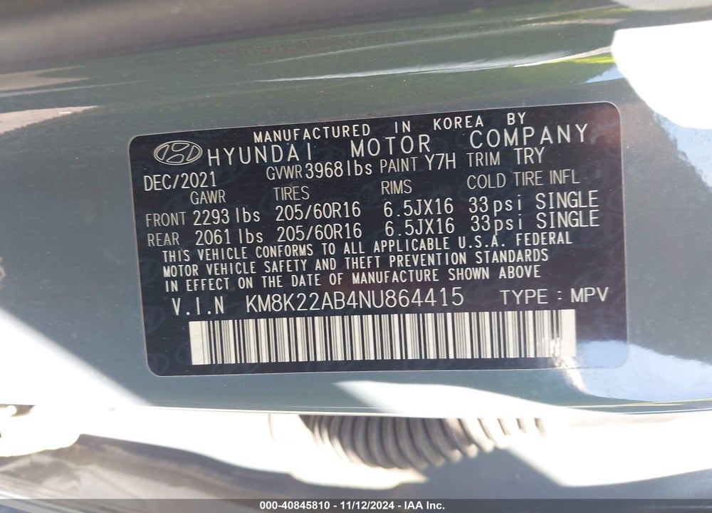 2022 HYUNDAI KONA SE VIN: KM8K22AB4NU864415