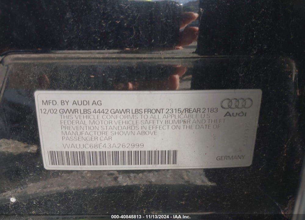 2003 AUDI A4 1.8T VIN: WAUJC68E43A262999