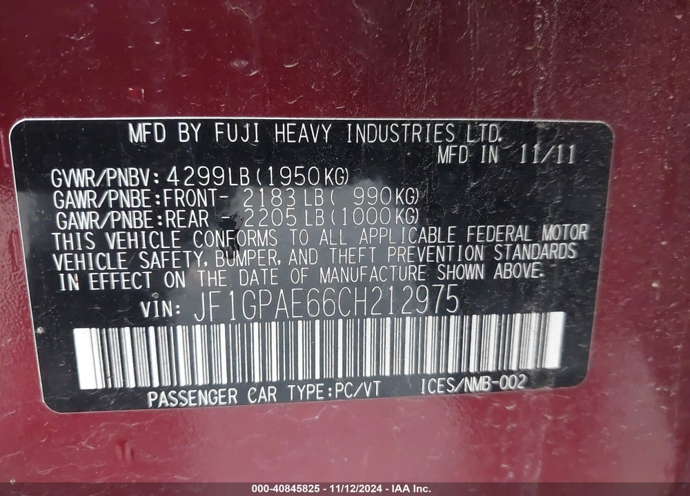 2012 SUBARU IMPREZA VIN: JF1GPAE66CH212975