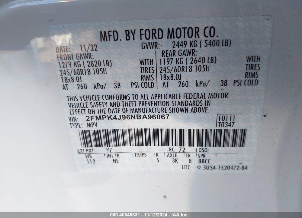 2022 FORD EDGE SEL VIN: 2FMPK4J96NBA96067