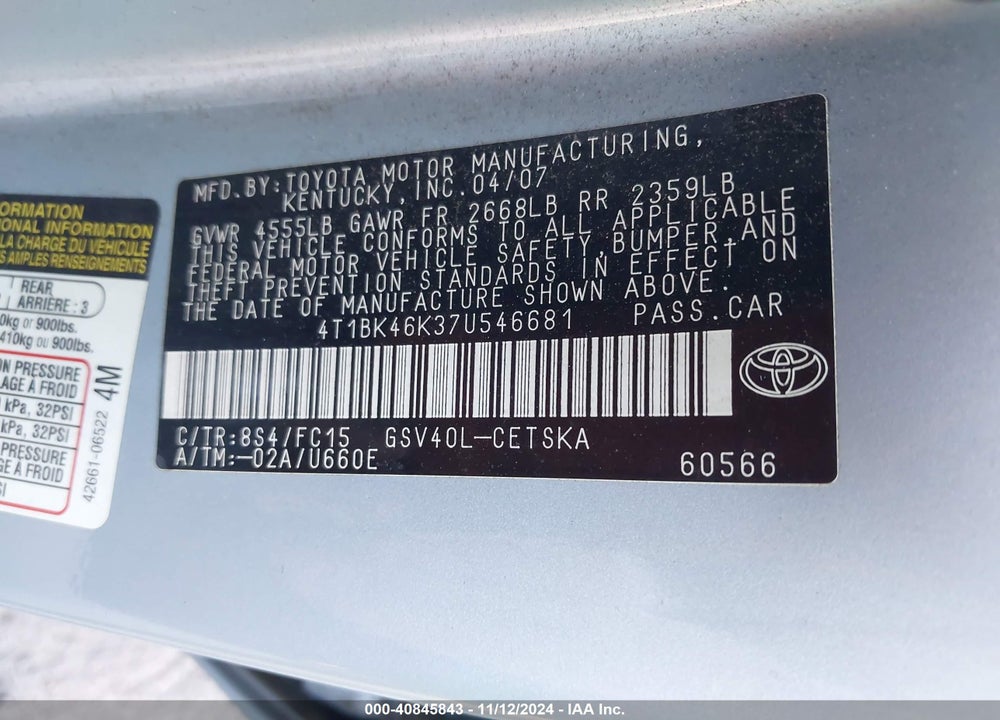 2007 TOYOTA CAMRY SE V6 VIN: 4T1BK46K37U546681