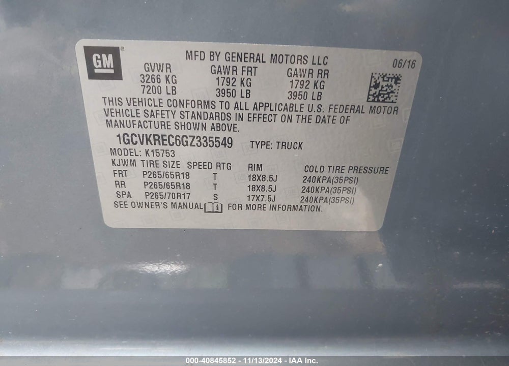 2016 CHEVROLET SILVERADO 1500 1LT VIN: 1GCVKREC6GZ335549