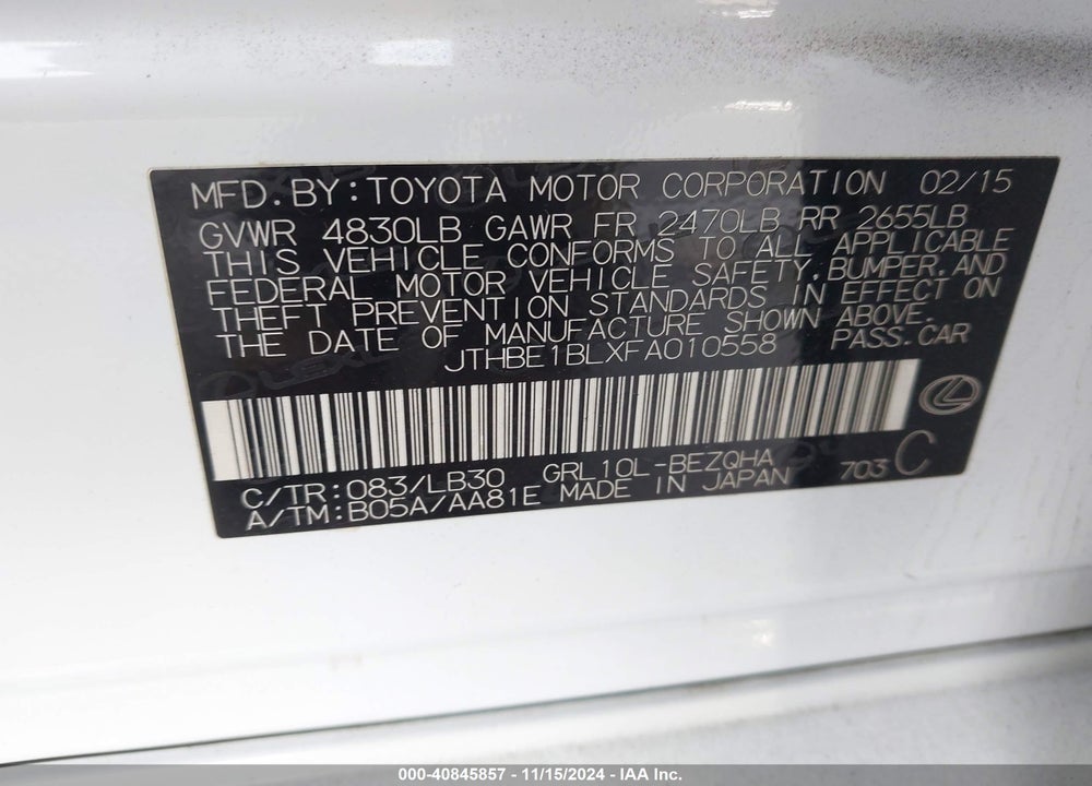 2015 LEXUS GS 350 VIN: JTHBE1BLXFA010558