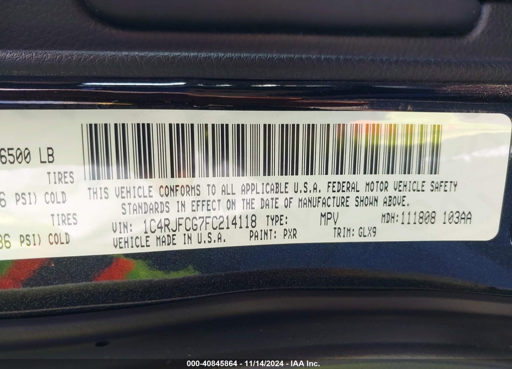2015 JEEP GRAND CHEROKEE OVERLAND VIN: 1C4RJFCG7FC214118