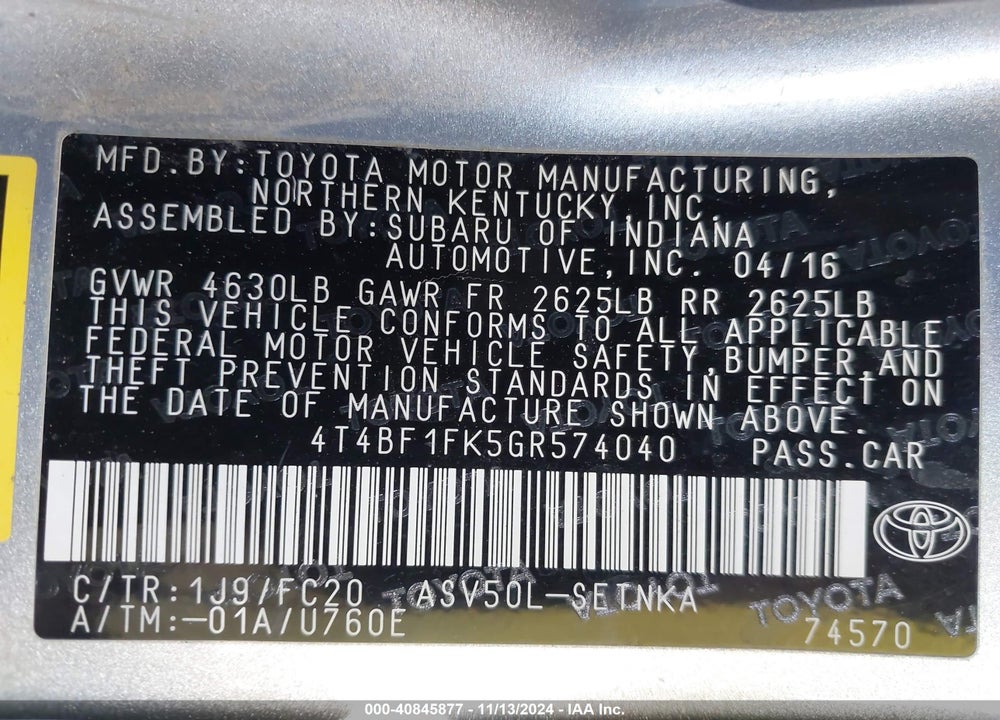 2016 TOYOTA CAMRY LE VIN: 4T4BF1FK5GR574040