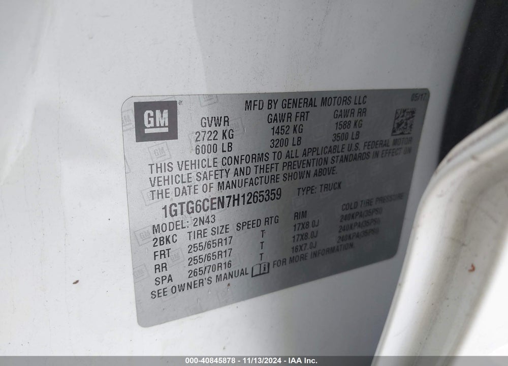 2017 GMC CANYON SLE VIN: 1GTG6CEN7H1265359