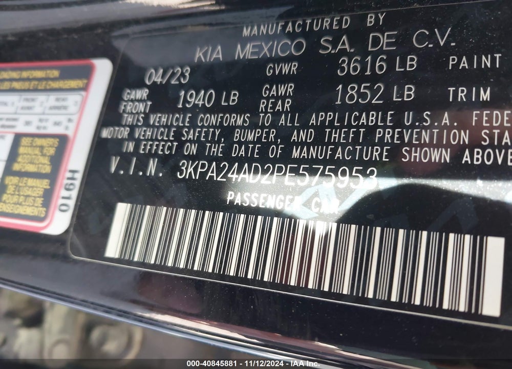 2023 KIA RIO VIN: 3KPA24AD2PE575953