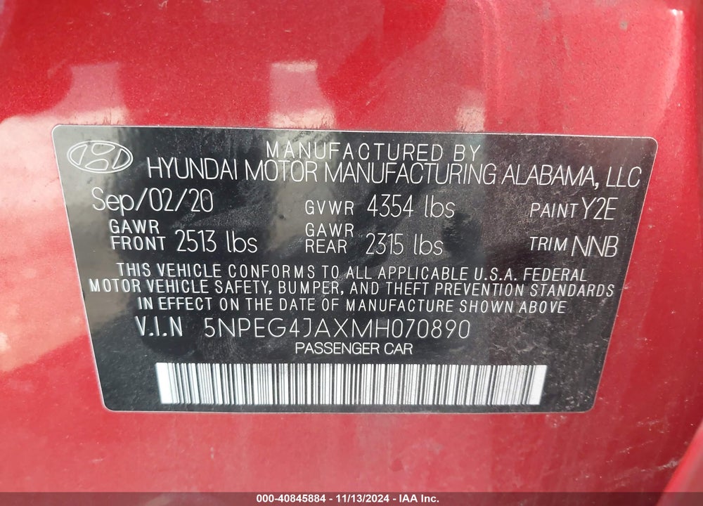 2021 HYUNDAI SONATA SE VIN: 5NPEG4JAXMH070890