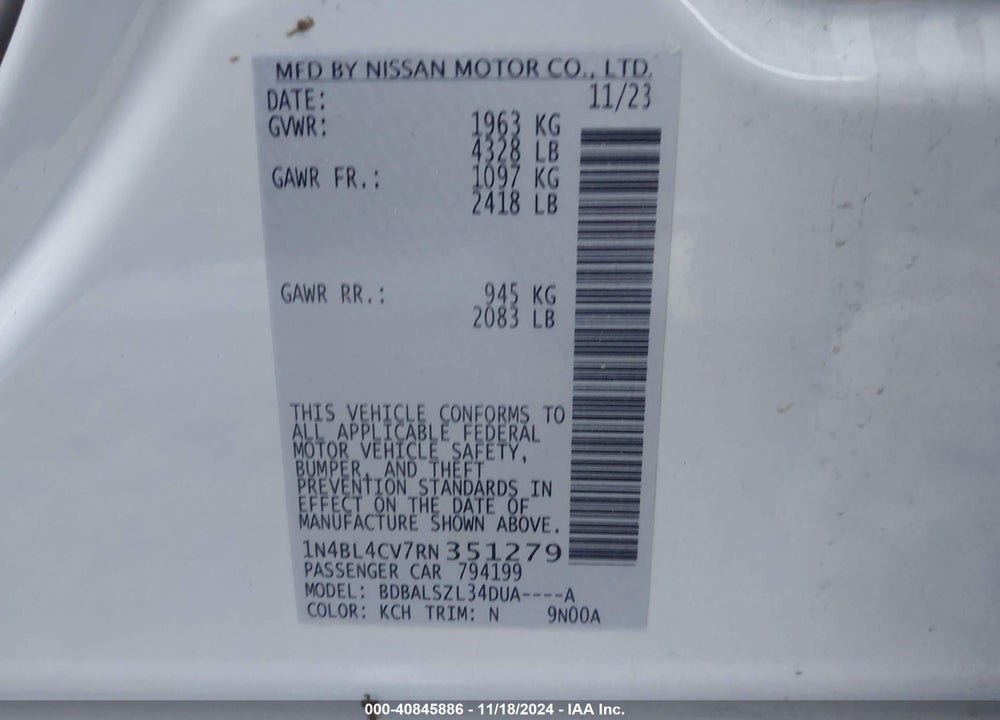 2024 NISSAN ALTIMA SR FWD VIN: 1N4BL4CV7RN351279
