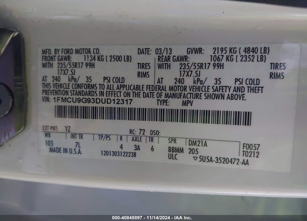 2013 FORD ESCAPE SE VIN: 1FMCU9G93DUD12317