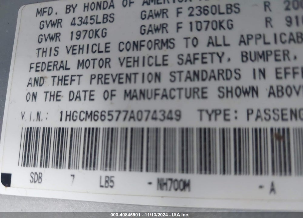 2007 HONDA ACCORD 3.0 EX VIN: 1HGCM66577A074349