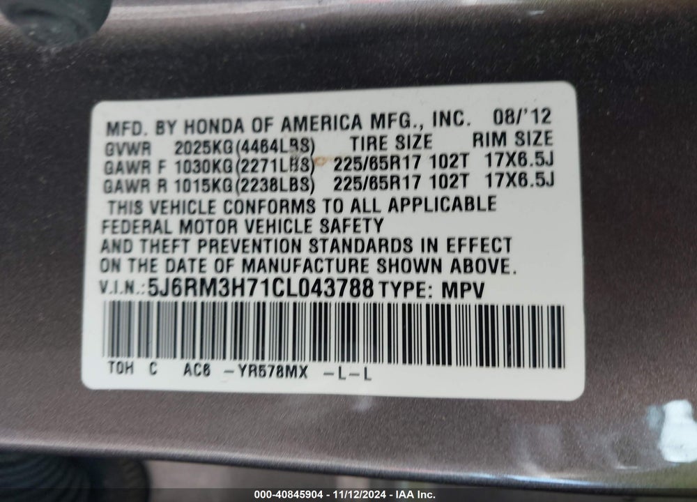2012 HONDA CR-V EX-L VIN: 5J6RM3H71CL043788