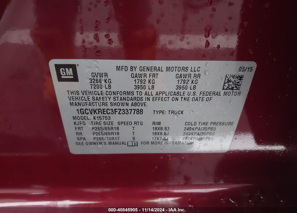 2015 CHEVROLET SILVERADO 1500 2LT VIN: 1GCVKREC3FZ337788