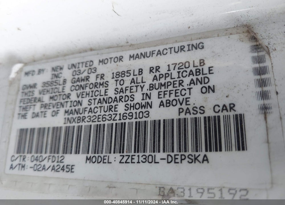 2003 TOYOTA COROLLA S VIN: 1NXBR32E63Z169103