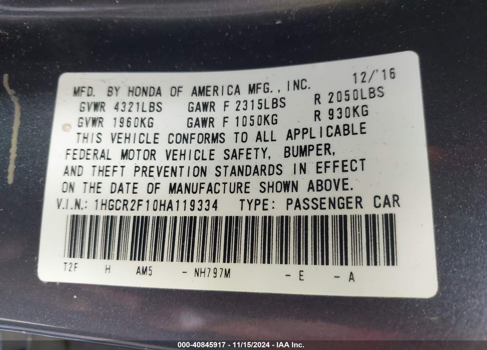 2017 HONDA ACCORD SPORT SE VIN: 1HGCR2F10HA119334