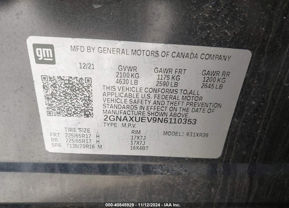 2022 CHEVROLET EQUINOX AWD LT VIN: 2GNAXUEV9N6110353