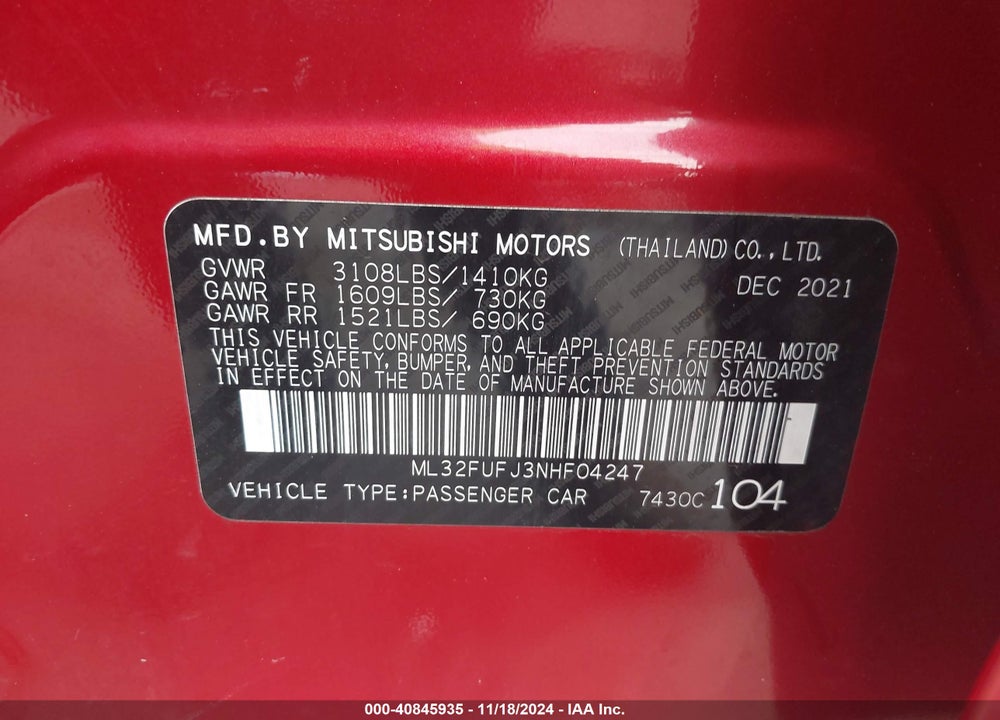2022 MITSUBISHI MIRAGE G4 BLACK EDITION VIN: ML32FUFJ3NHF04247