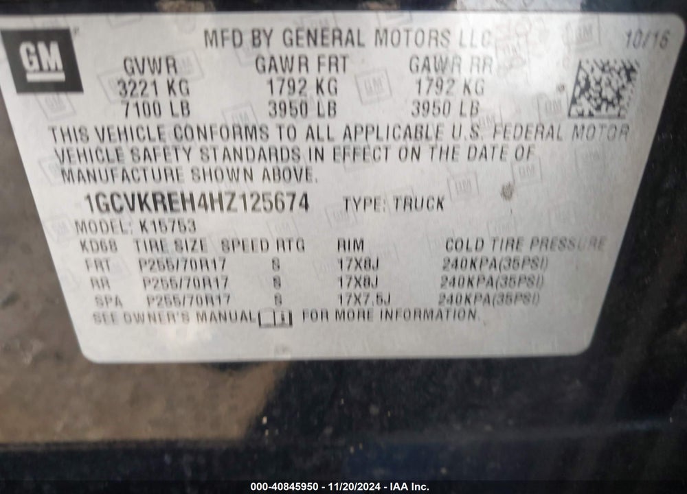 2017 CHEVROLET SILVERADO 1500 1LT VIN: 1GCVKREH4HZ125674