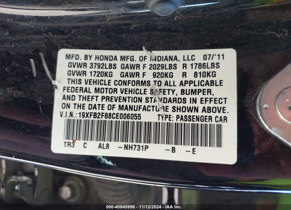 2012 HONDA CIVIC EX VIN: 19XFB2F88CE006055