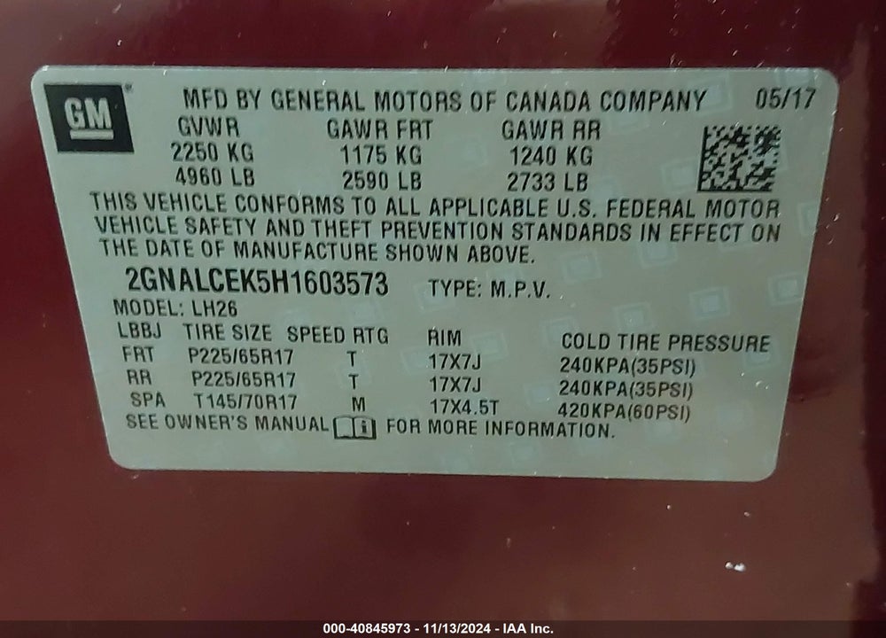 2017 CHEVROLET EQUINOX LT VIN: 2GNALCEK5H1603573