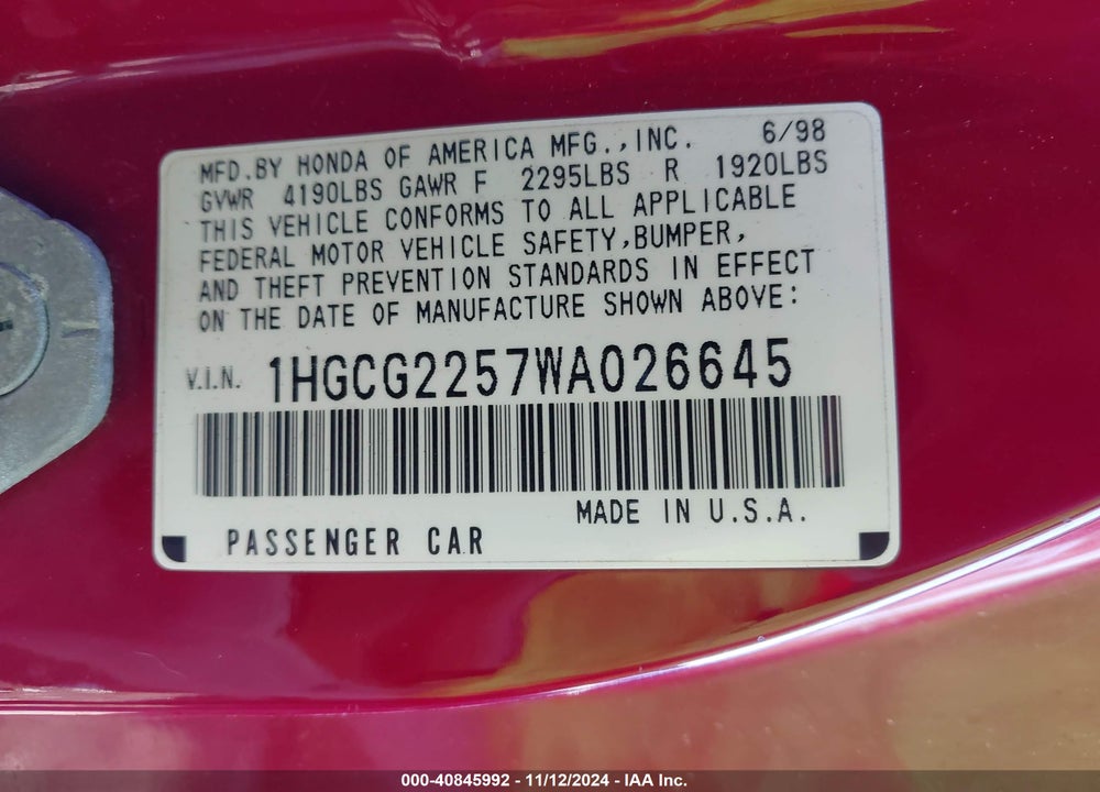 1998 HONDA ACCORD EX V6 VIN: 1HGCG2257WA026645