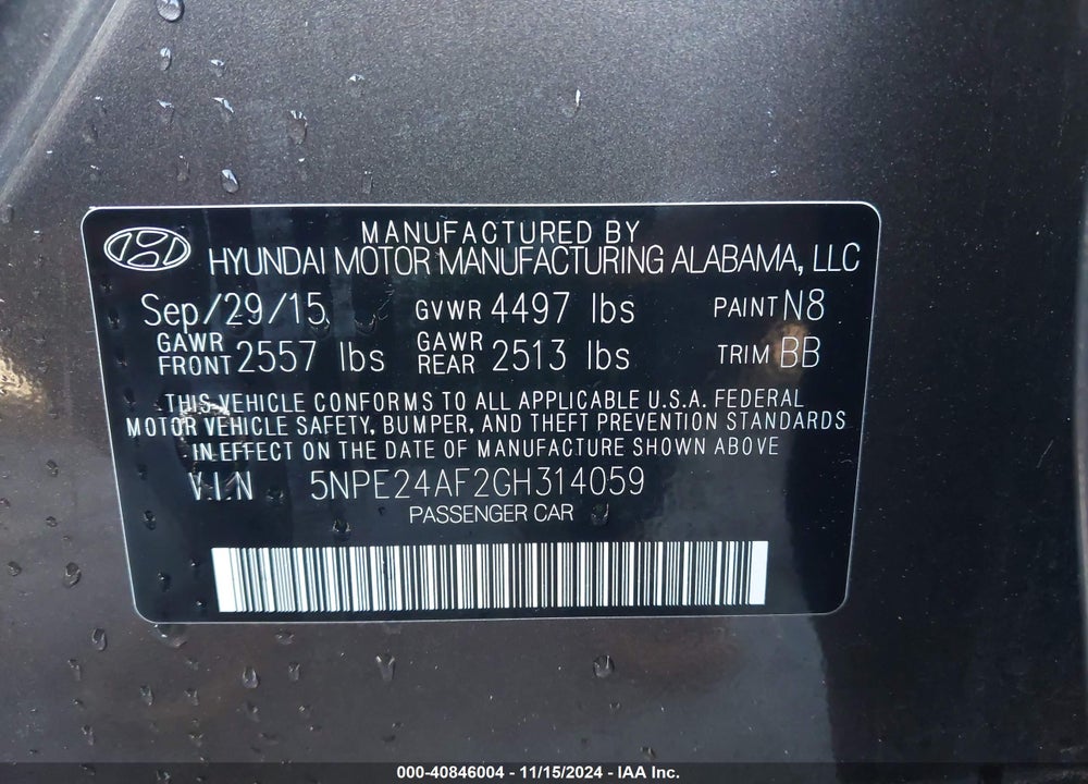 2016 HYUNDAI SONATA SE VIN: 5NPE24AF2GH314059