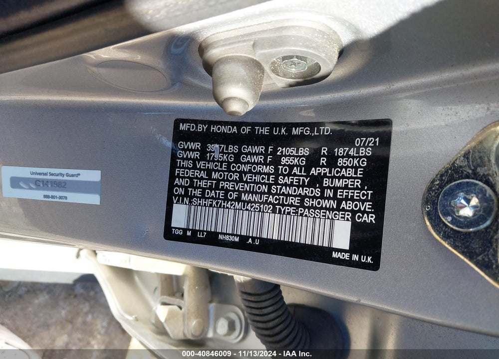 2021 HONDA CIVIC SPORT VIN: SHHFK7H42MU425102