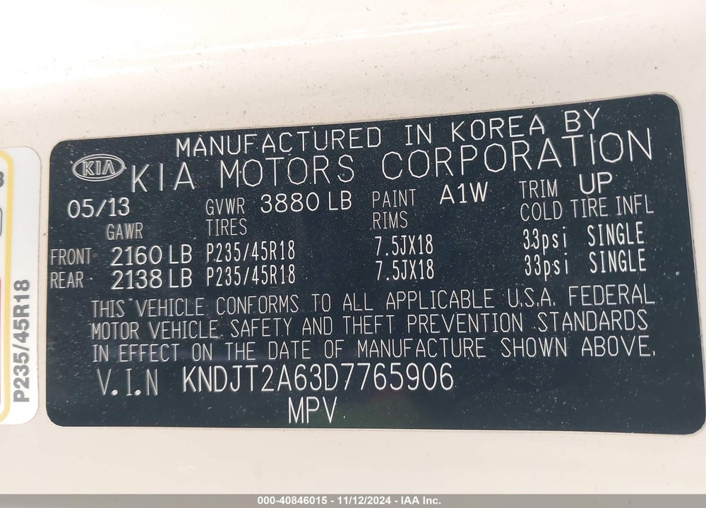 2013 KIA SOUL VIN: KNDJT2A63D7765906