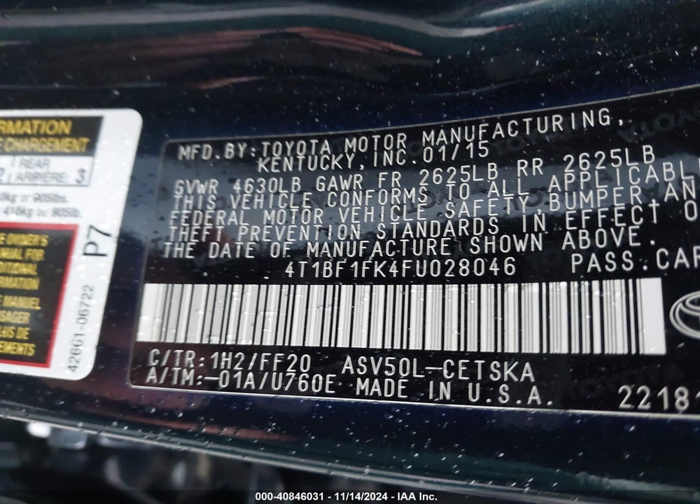 2015 TOYOTA CAMRY SE VIN: 4T1BF1FK4FU028046