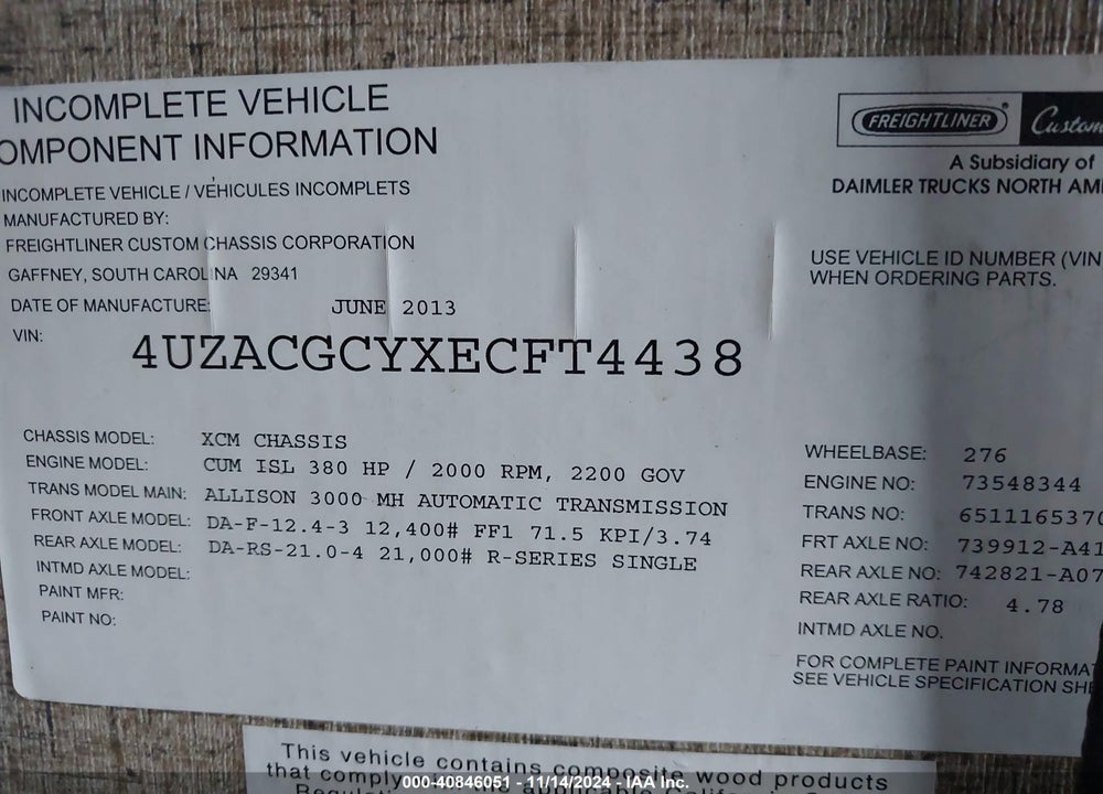 2014 FREIGHTLINER CHASSIS XC VIN: 4UZACGCYXECFT4438