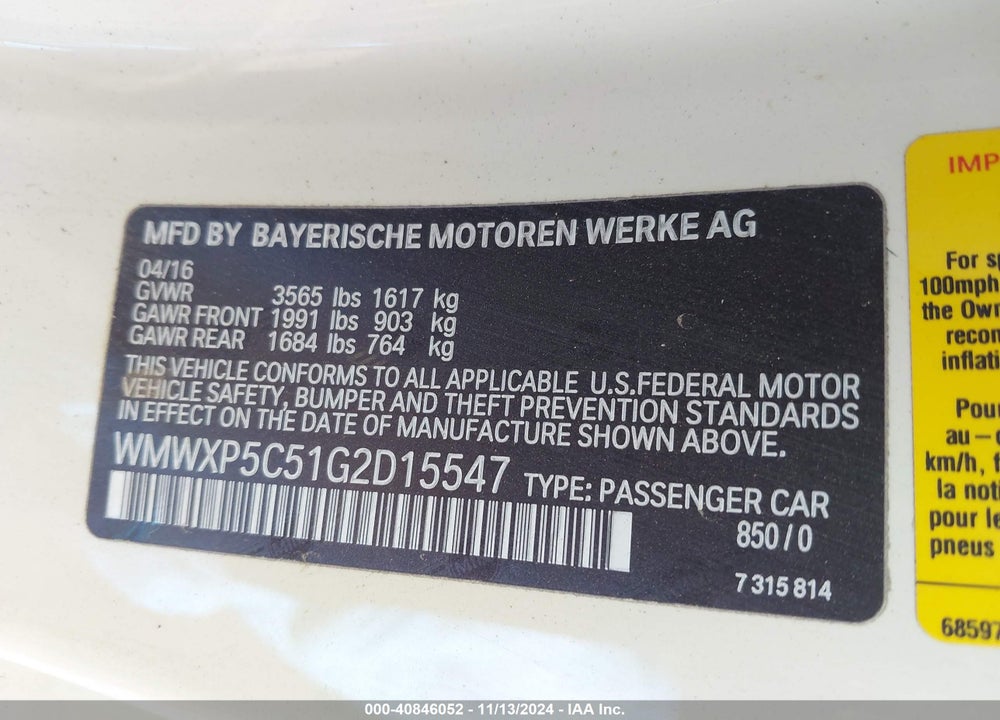 2016 MINI HARDTOP COOPER VIN: WMWXP5C51G2D15547