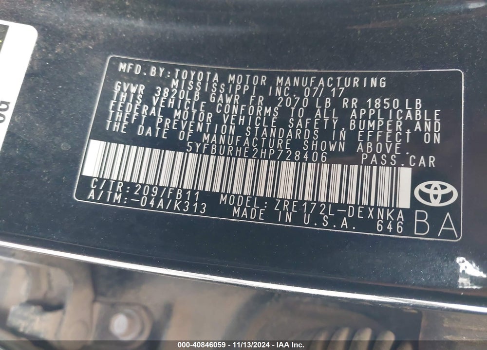 2017 TOYOTA COROLLA LE VIN: 5YFBURHE2HP728406