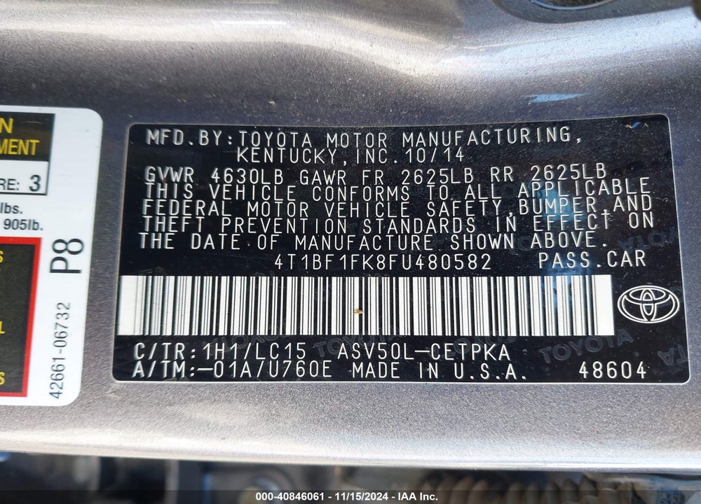 2015 TOYOTA CAMRY XSE VIN: 4T1BF1FK8FU480582