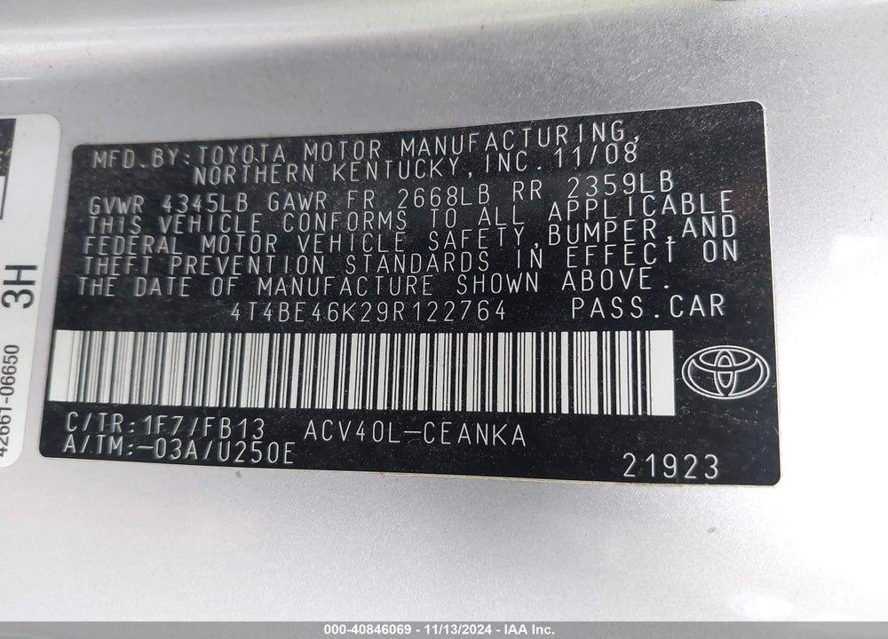 2009 TOYOTA CAMRY LE VIN: 4T4BE46K29R122764