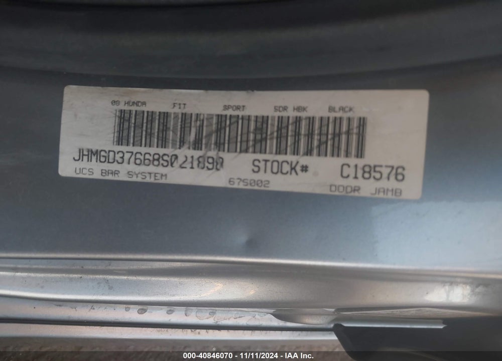 2008 HONDA FIT SPORT VIN: JHMGD37668S021898