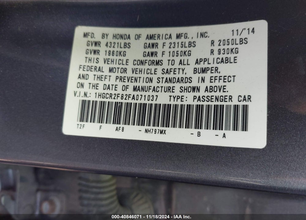 2015 HONDA ACCORD EX-L VIN: 1HGCR2F82FA071037