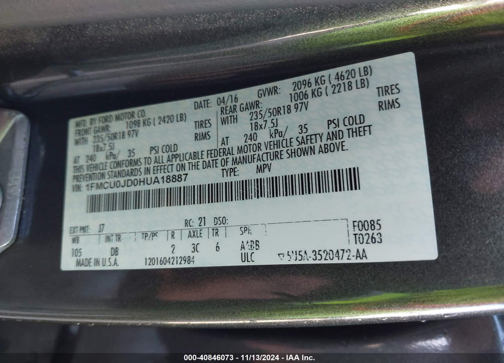 2017 FORD ESCAPE TITANIUM VIN: 1FMCU0JD0HUA18887