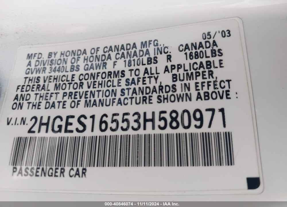2003 HONDA CIVIC LX VIN: 2HGES16553H580971