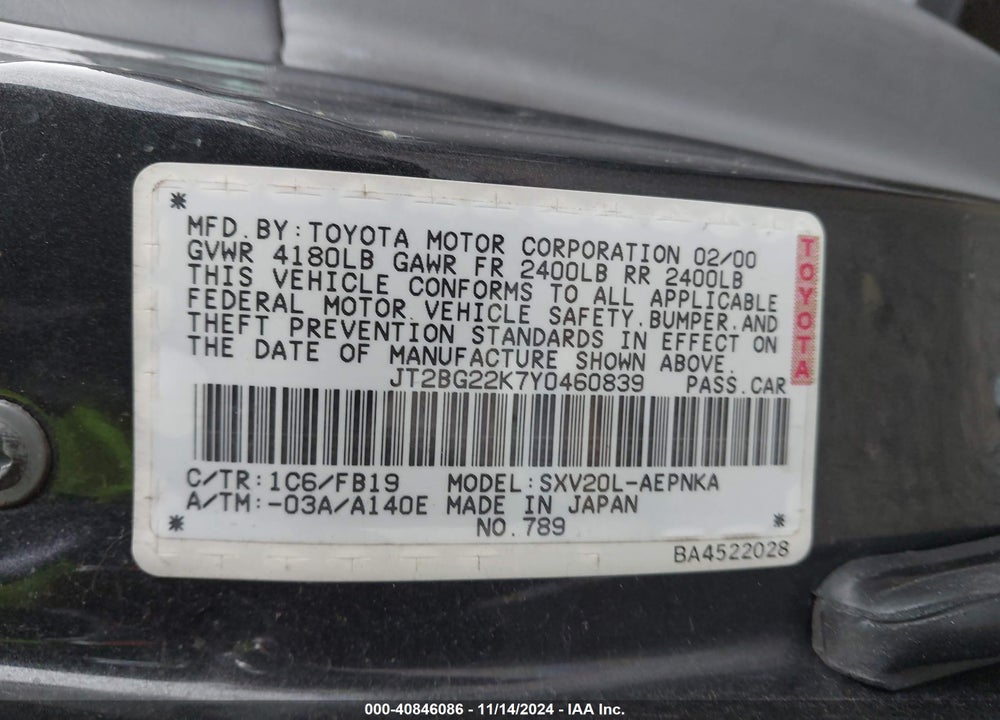 2000 TOYOTA CAMRY LE VIN: JT2BG22K7Y0460839