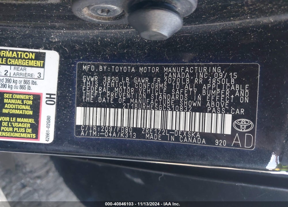2016 TOYOTA COROLLA S PLUS VIN: 2T1BURHE5GC510832