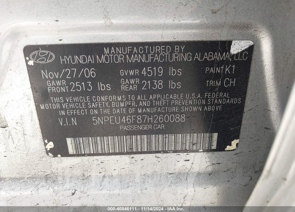 2007 HYUNDAI SONATA LIMITED/SE V6 VIN: 5NPEU46F87H260088