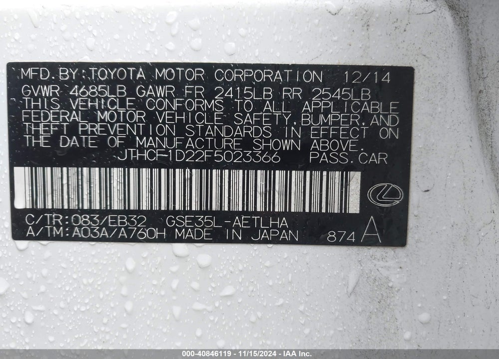 2015 LEXUS IS 250 CRAFTED LINE VIN: JTHCF1D22F5023366