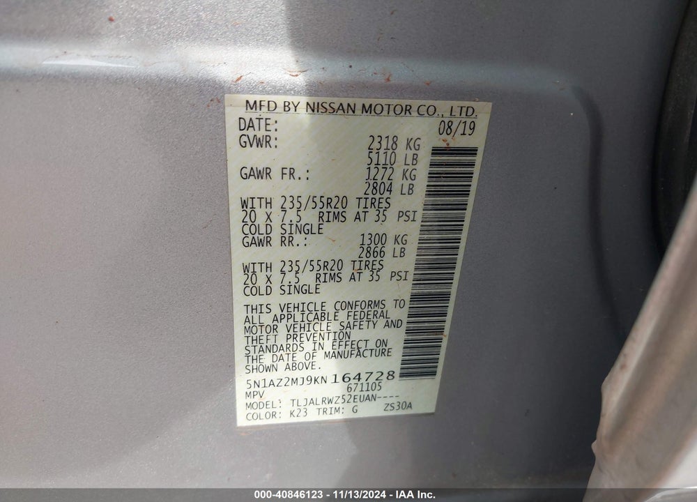 2019 NISSAN MURANO SL VIN: 5N1AZ2MJ9KN164728