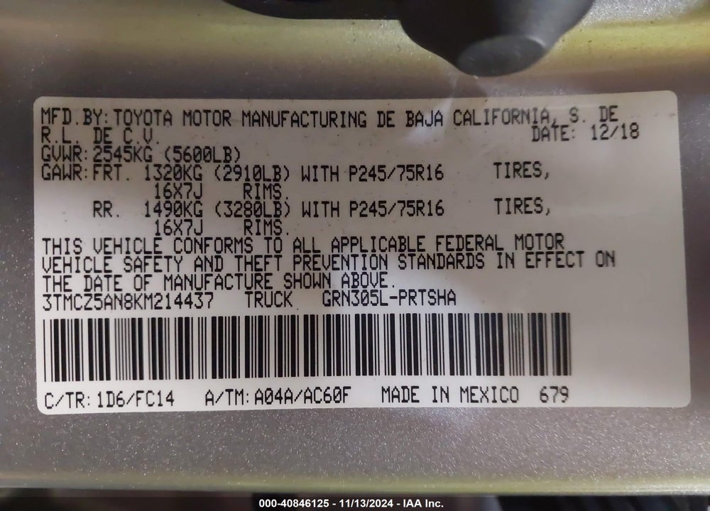 2019 TOYOTA TACOMA SR5 V6 VIN: 3TMCZ5AN8KM214437